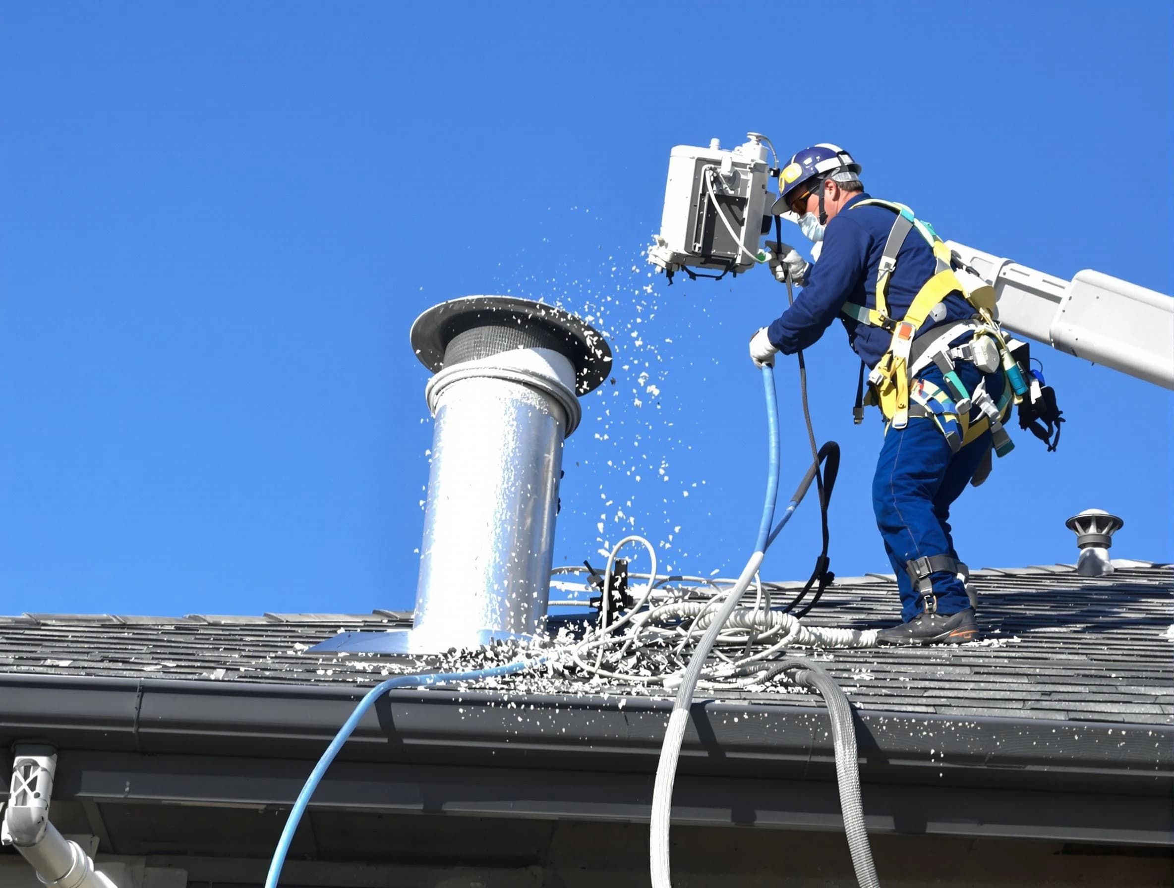 Moon Dryer Vent Cleaning certified technician safely cleaning a roof-mounted dryer vent in Moon